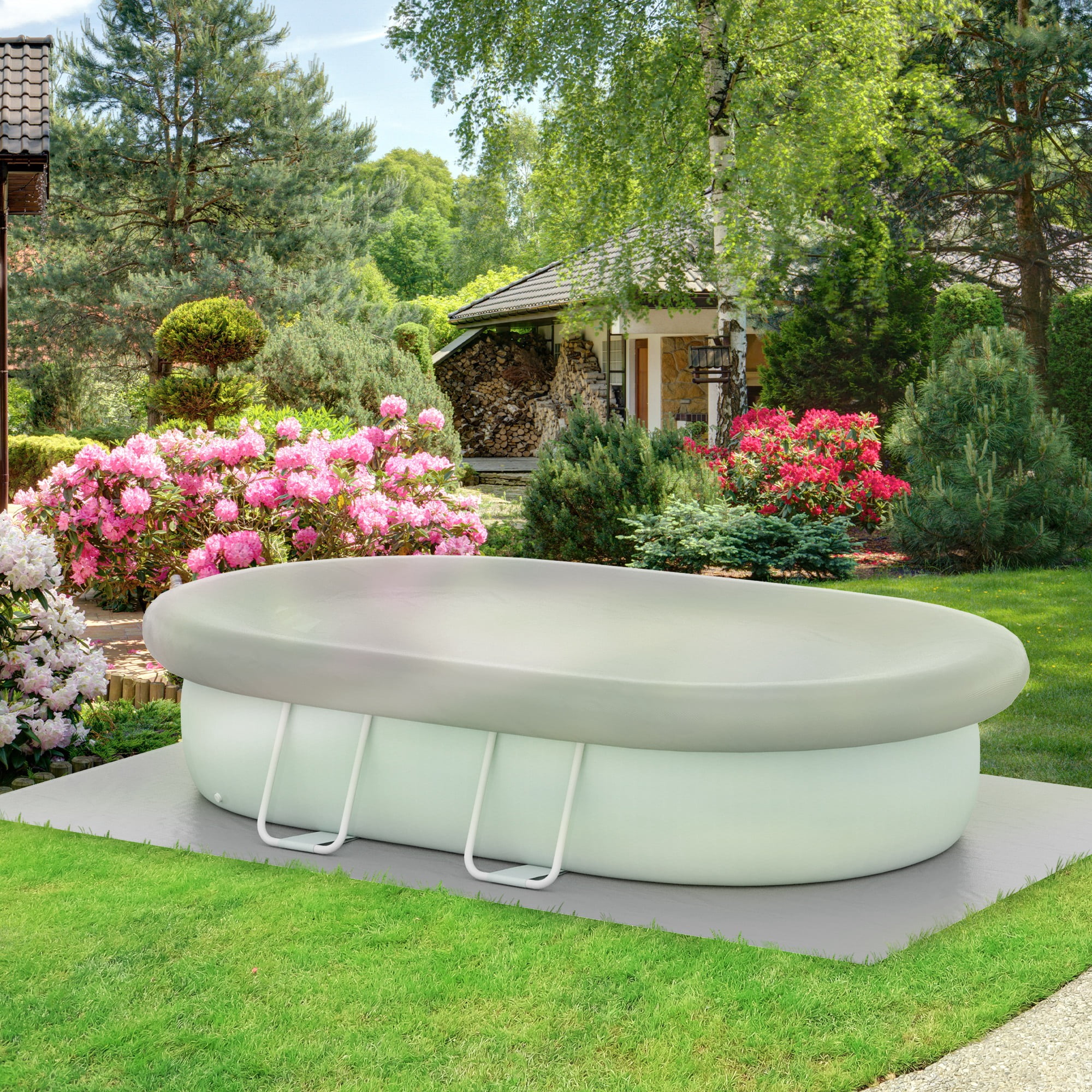 Outsunny Above Ground Swimming Pool, Semi-Inflatable Frame Pool, Brown - Image 17