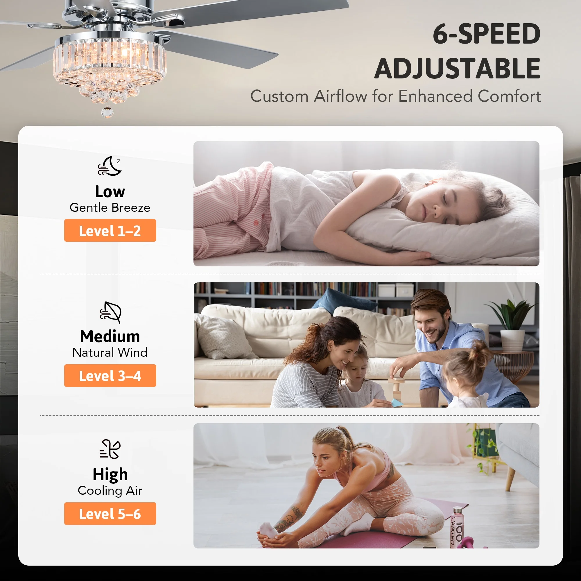 Bestco 52" Chandelier Crystal Ceiling Fan with Light 6 Speeds 5 Dual Sided Blades Chrome - Image 4
