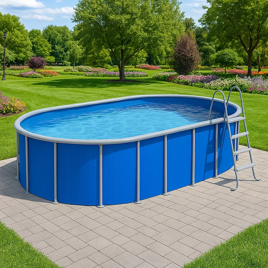 Piscina tubular ovalada desmontable con estructura de acero 418x243x98 cm azul/gris  HCySRmJ131nO