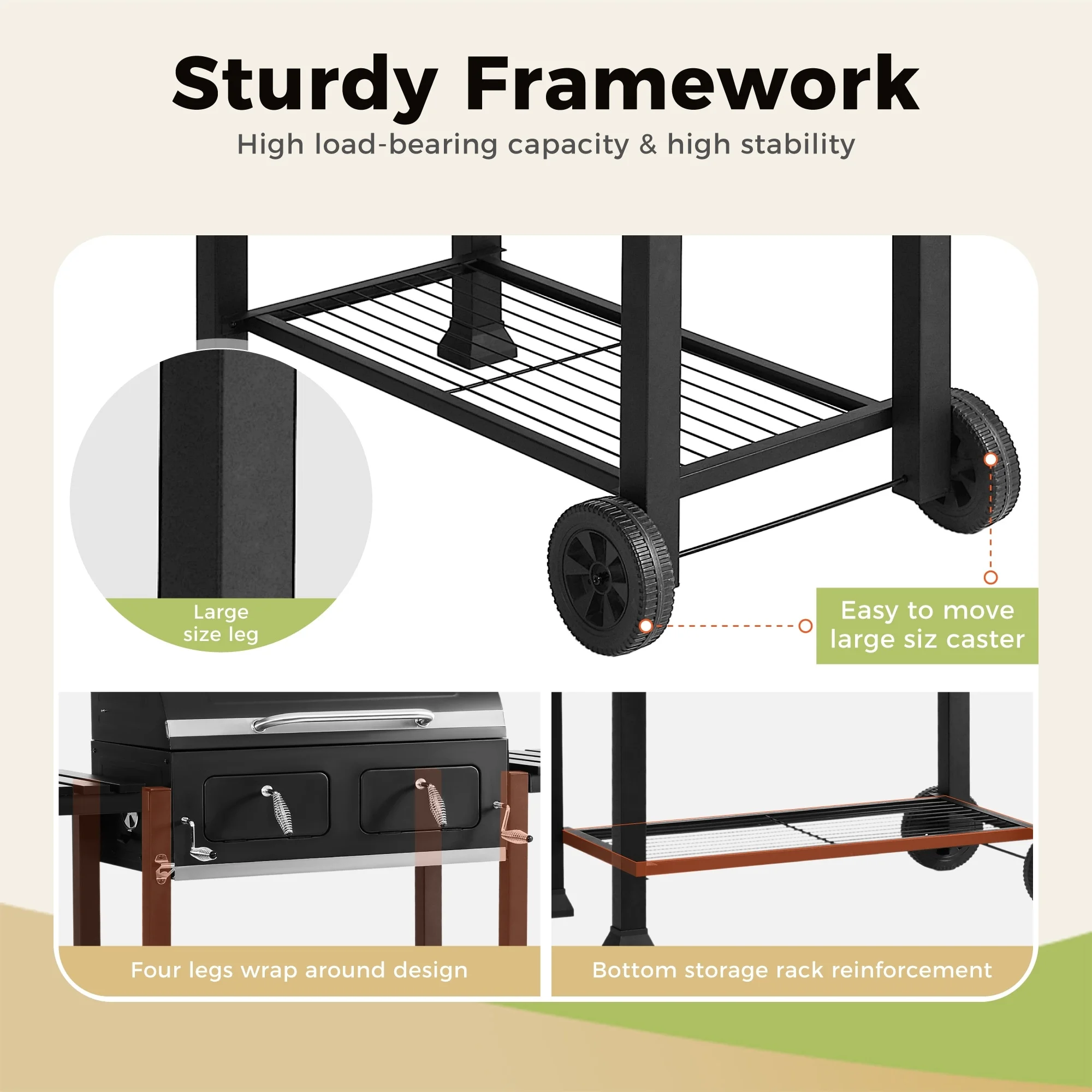 Extra Large Charcoal BBQ Grill with 794 sq. in. Cooking Area, Dual Lifting Charcoal Trays & Foldable Side Tables - Image 4