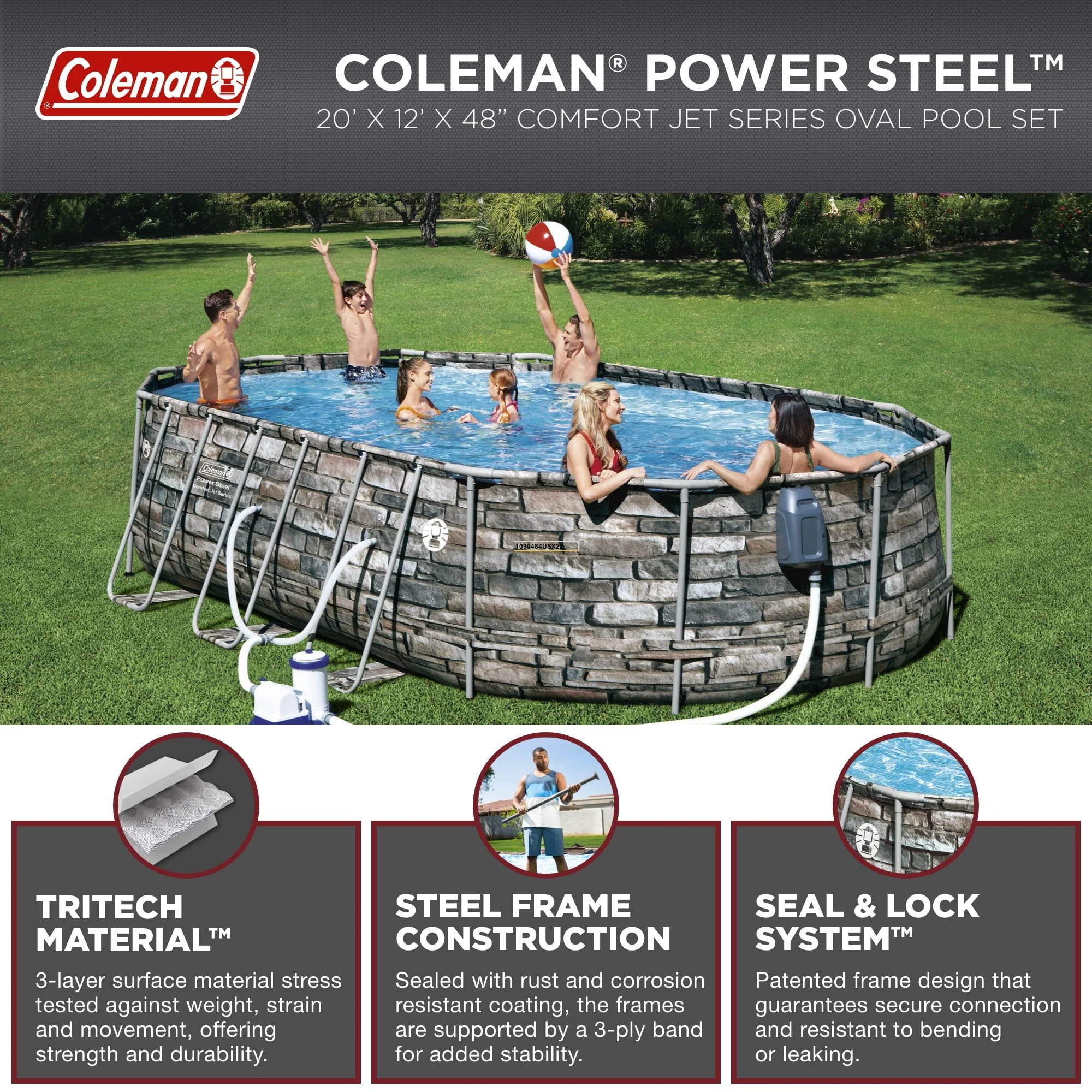 Coleman 20' Power Steel Comfort Jet Oval 48" Deep Metal Frame Above Ground Pool - Image 3