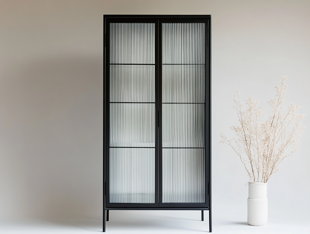 Armario alto con puertas de vidrio estriado – estructura de metal negro – estilo industrial