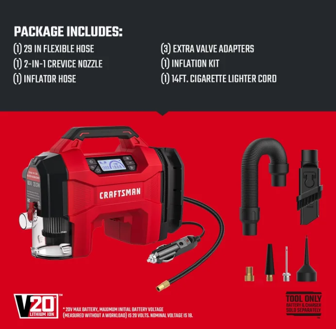 CRAFTSMAN 3-in-1 Tire Inflator, 160PSI Portable Air Compressor/Car Vacuum/Dust Blower, 20V Cordless & 12V Car Power, Air Pump with LED Light for Cars Trucks RV Tires (Battery Sold Separately) - Image 2