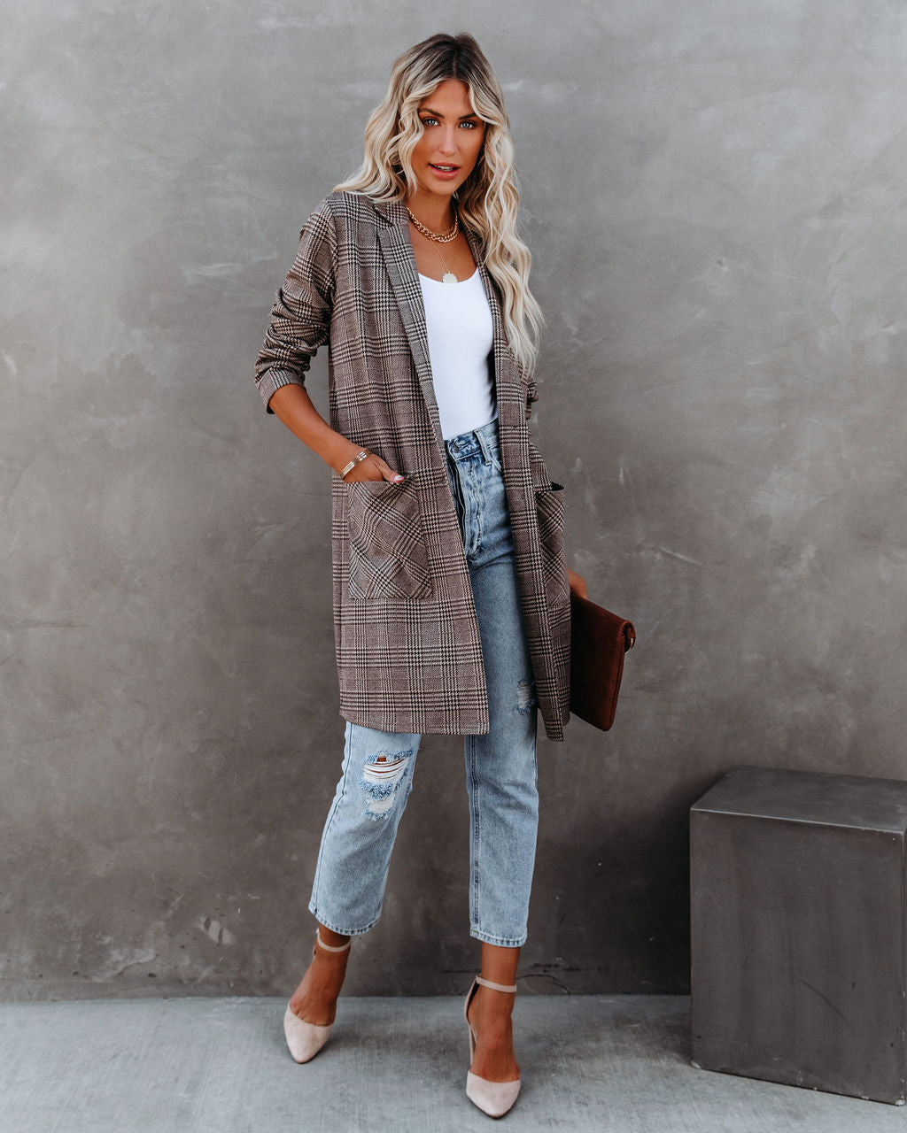 New Jersey Pocketed Plaid Knit Coatigan - Se7enfashion