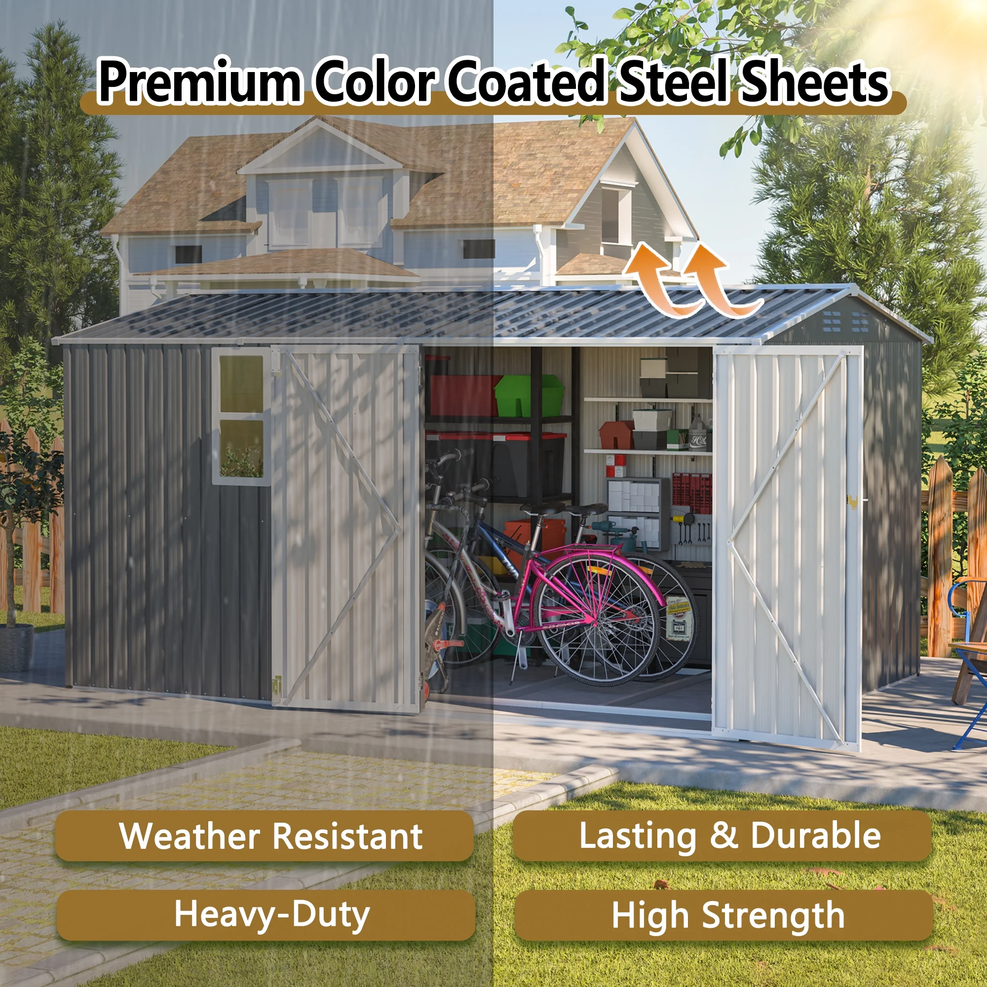 12x8 Ft Outdoor Storage Shed with Floor Frame, Metal Garden Tool Shed with Lockable Doors & Window, Ideal for Backyard Garden Patio Lawn, Grey - Image 5