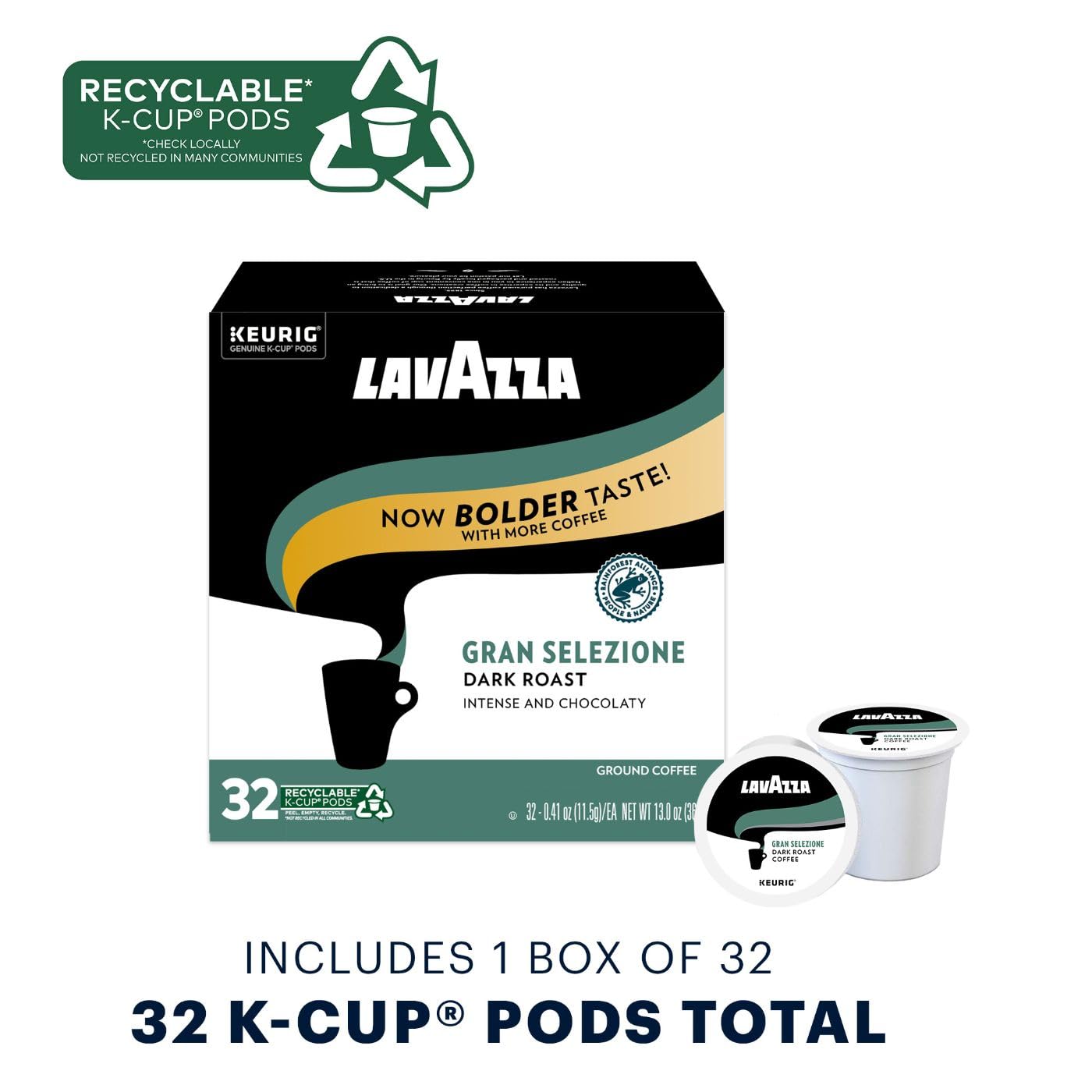 Lavazza Single-Serve Coffee K-Cups for Keurig Brewer. Gran Selezione 32 Count Authentic Italian. Value Pack. 100% Arabica. Rainforest Alliance Certified 100% sustainably grown
