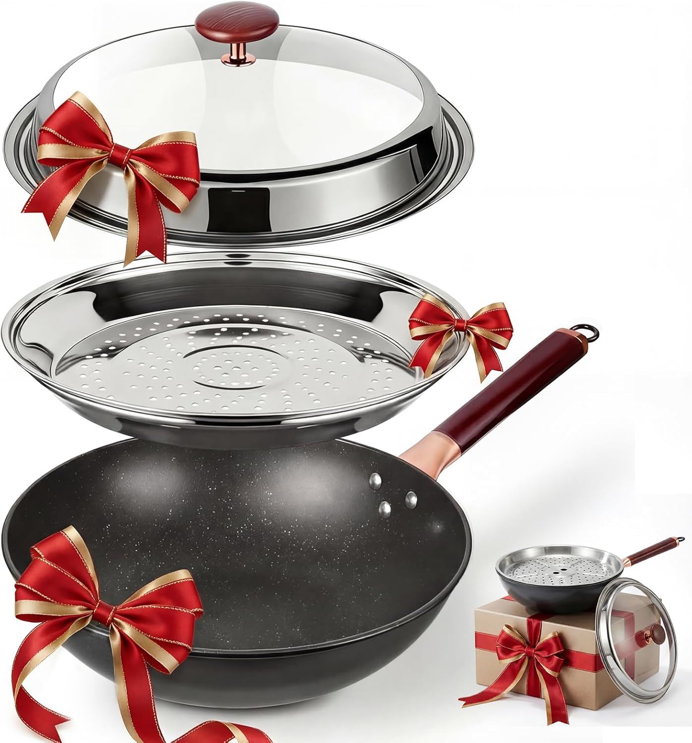Kseroo 13-Inch Carbon Steel Wok Pan with Lid: Professional Woks & Stir-Fry Pans Nonstick with Steamer, Large Deep Flat Bottom Cookware, Works on All Cooktops, Oven Safe, Stay-Cool Handle, Kitchen Gift
