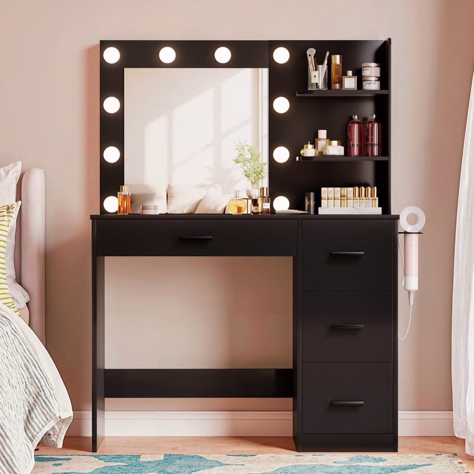 Lacoo Vanity Desk with Mirror and LED Lights, Makeup Vanity with 7 Drawers & 4 Shelves, Vanity Table with Power Outlet for Bedroom Dressing Room, White - Image 7