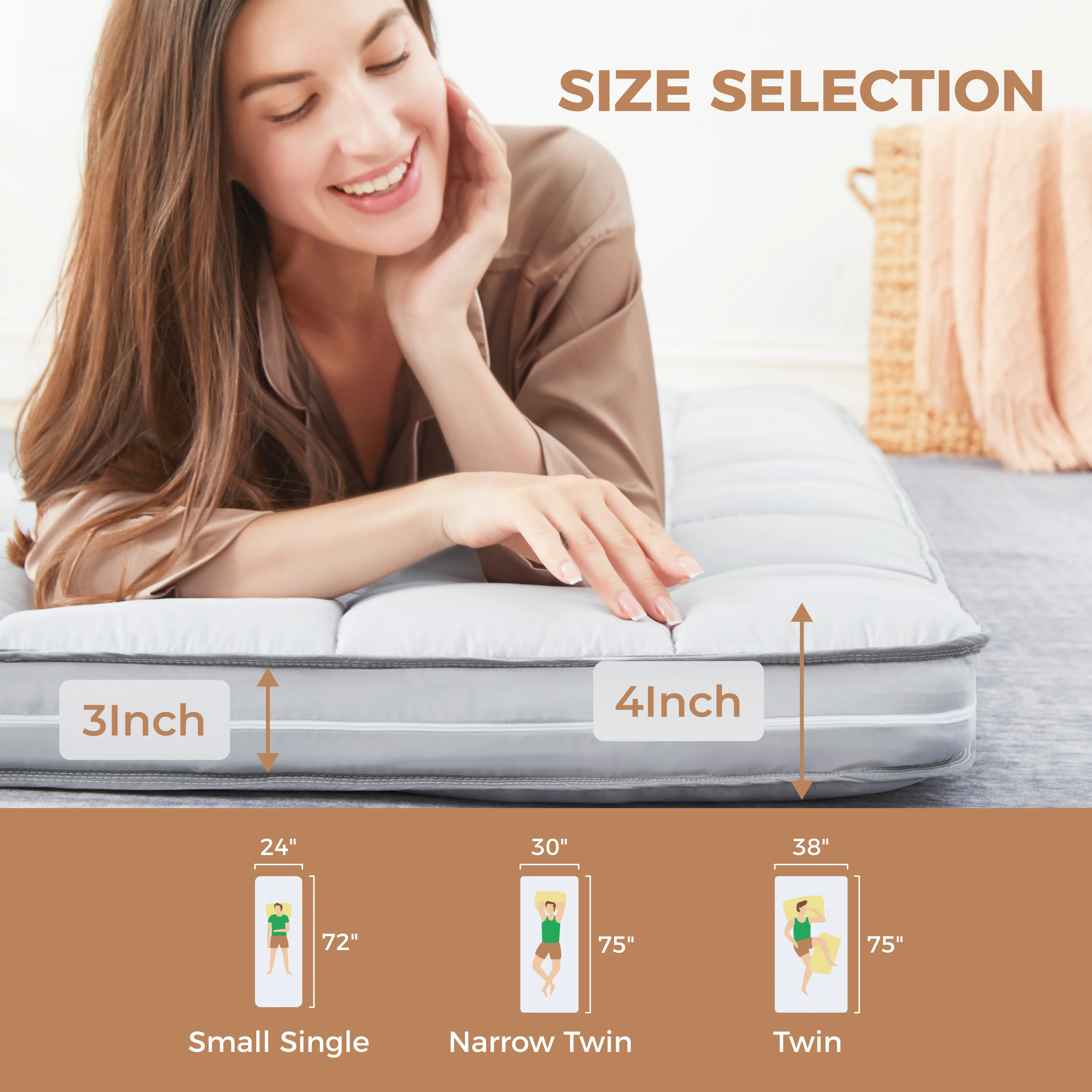 Jamdok 4Inch Floor Mattress,3-Layer Structure,Narrow Twin Size Gel Memory Foam,Removable Pillow Top Cover,Roll up Cot Mattress Topper,Portable Sleep Mat(75X30X4-) - Image 4