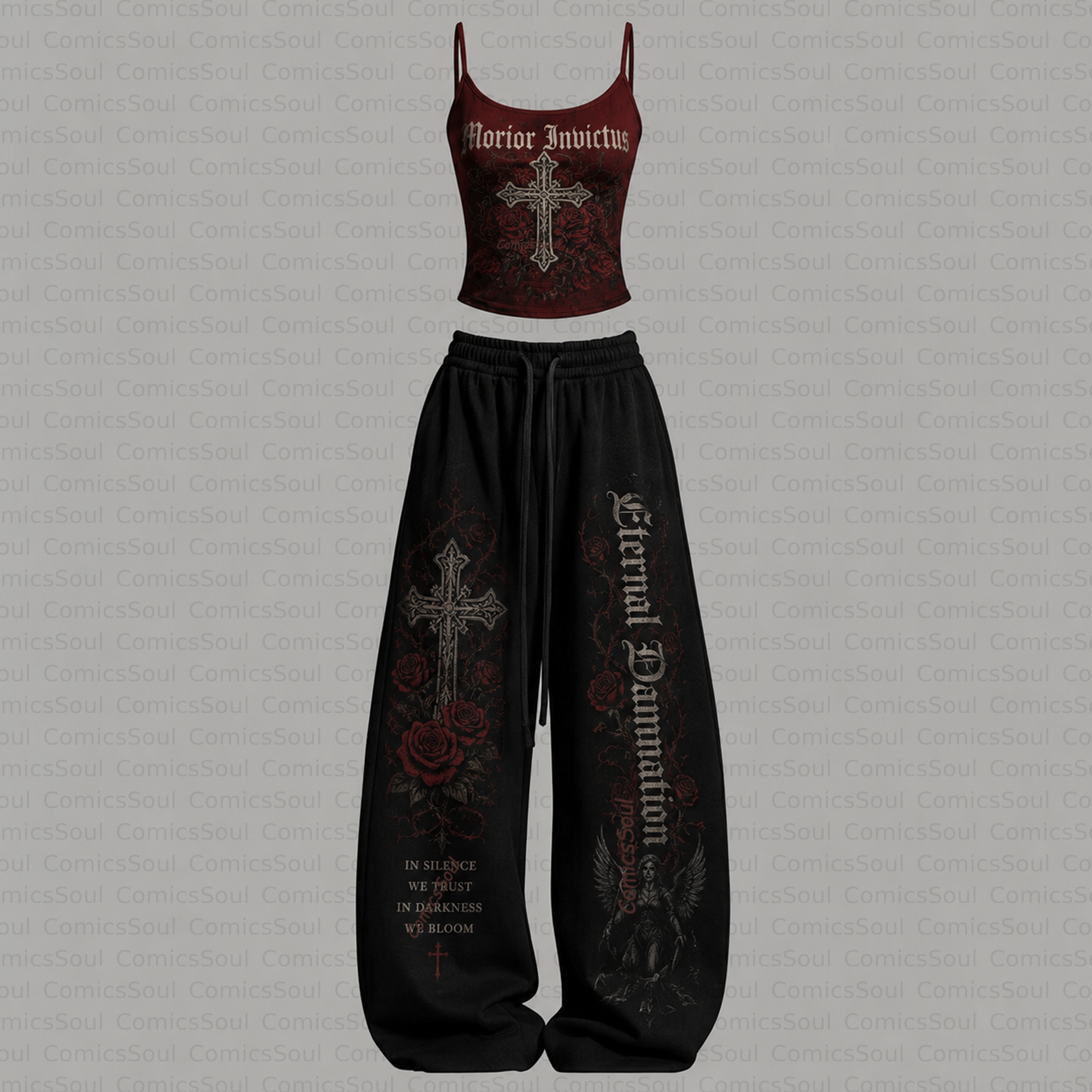 Women's Roses and Crosses Top & Elasticated Trousers Two-Piece Set