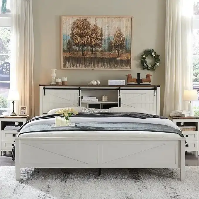 Farmhouse Platform Bed with Storage Headboard Sliding Doors and Charging Station