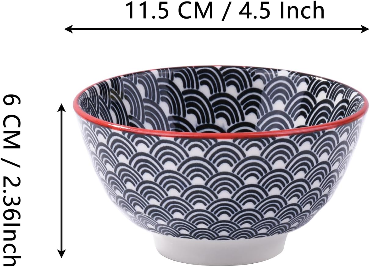 4-Piece Ceramic Small Bowl Set, 4.5-Inch Round Rice Bowls with Black & White Wave Motif, Classic Japanese Style Soup & Cereal Bowls with Red Rim, Microwave & Dishwasher Safe, Stackable