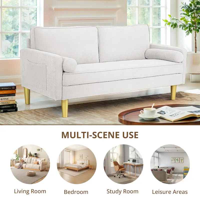 Elegant 65-Inch Orange Polyester 2-Seater Loveseat with Side Pockets and Round Cushions