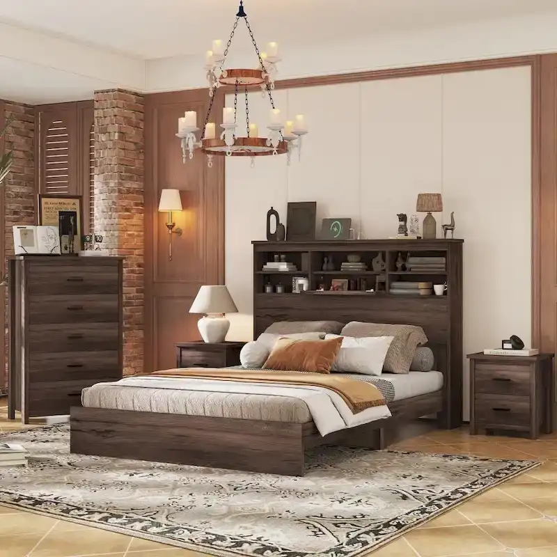 Vintage Queen Size Bedroom Set: 4-Piece Wooden Bed Frame with 2 Nightstands and 1 Dresser