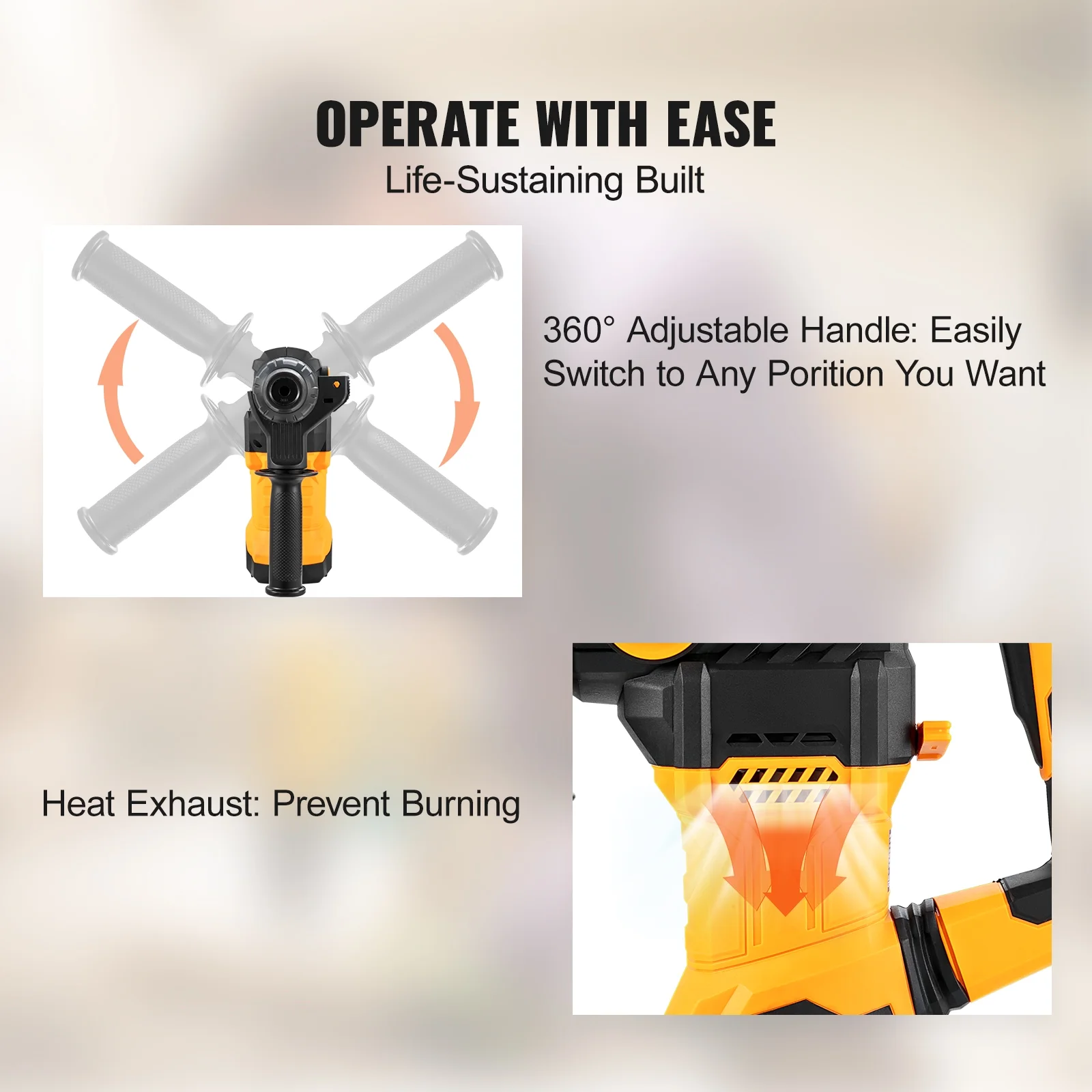 VEVOR 1-1/4inch SDS-Plus Rotary Hammer Drill, 13 Amp Corded Drills, Heavy Duty Chipping Hammers w/Vibration Control & Safety Clutch, Electric Demolition Hammers Variable Speed, Power Tool For Concrete - Image 6