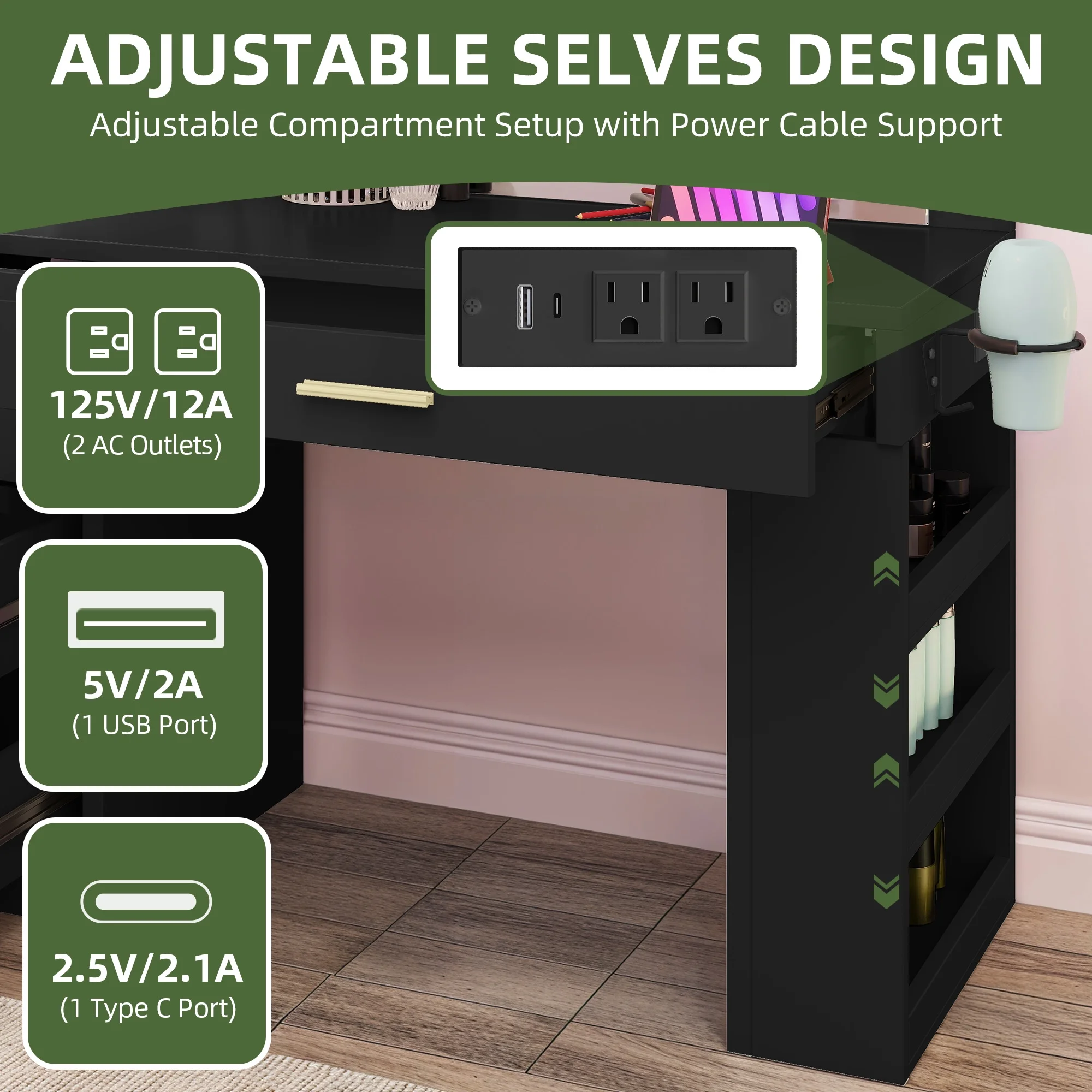 Uforic Makeup Vanity Desk with Mirror & Lights, Vanity Desk with 4 Drawers & Storage Shelves - White - Image 17
