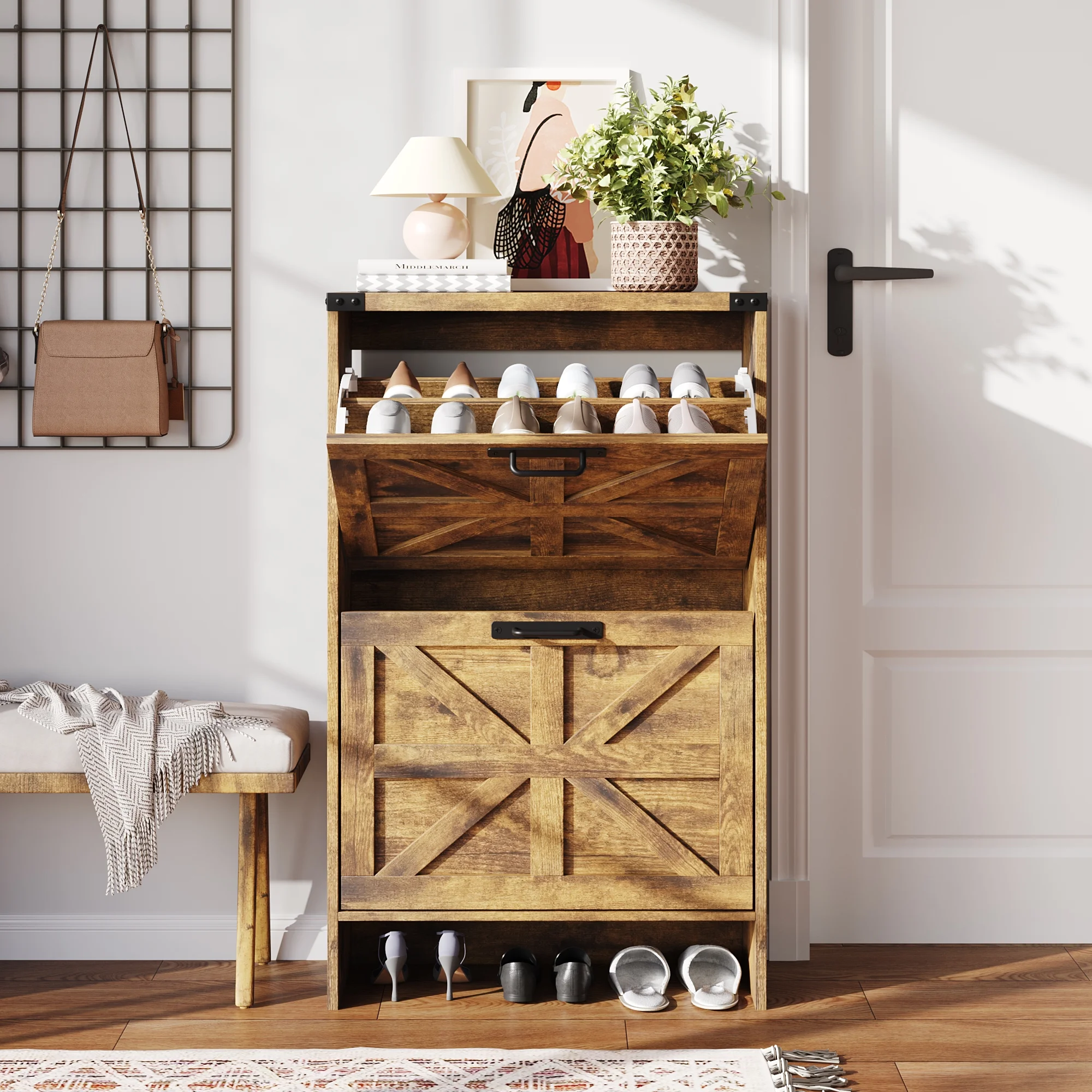 VEANERWOOD Shoes Storage Cabinet With Doors, Farmhouse Shoe Cabinet With 2 Flip Drawers For Entryway,Gray - Image 17