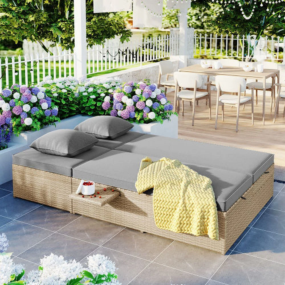 Harper & Bright Designs Rattan Outdoor Double Lounge Chaise 2-Person PE Wicker Outdoor Patio Sunbed with Canopy Cover for Backyard Garden Balcony, Beige+Black - Image 36