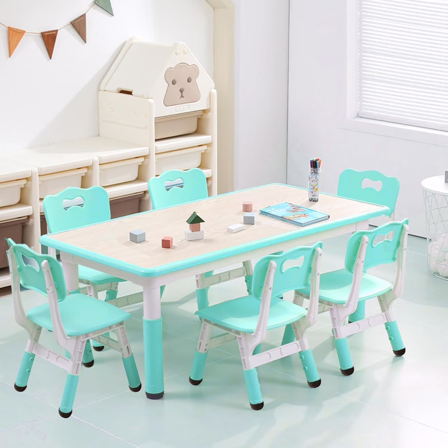 TROPOW Kids Table and Chairs,Height Adjustable Toddler Table and 6 Chair,Multi-Activity Table with Graffiti Desktop Non-Slip Legs for Ages 2-10,Children Activity Table for Daycare,Classroom,Blue - Image 5