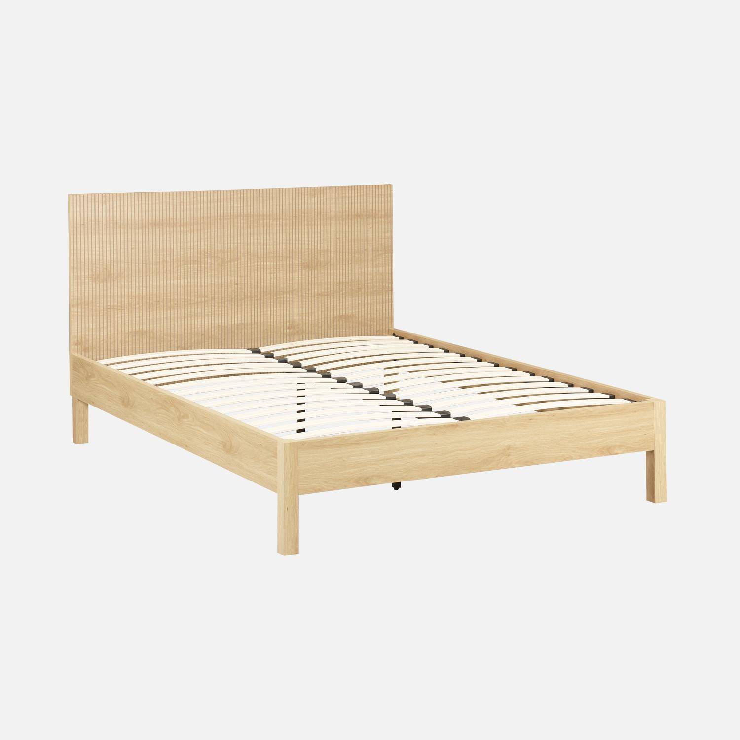 Linear - Cama con somier a láminas y cabecero 160x200cm, decoración madera