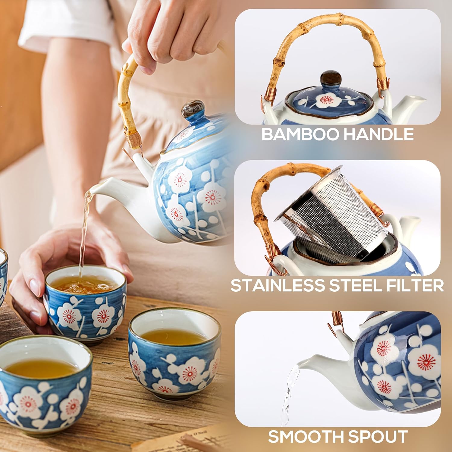 Japanese Tea Set, Japanese Style Porcelain Tea Sets for Adult, 1 Ceramic Tea Pot with Handle & 1 Stainless Steel Tea Filter & 4 Tea Cups (Sakura)