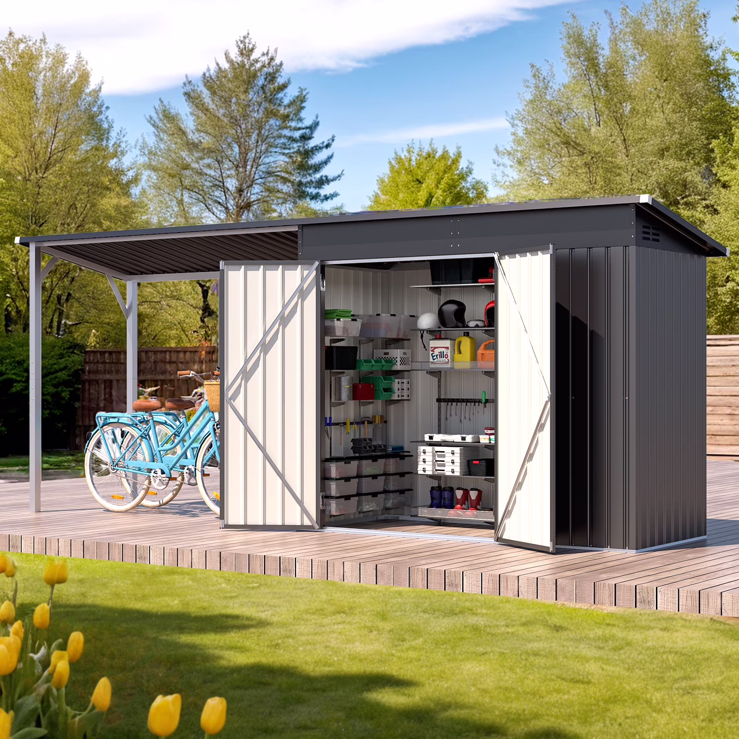 YODOLLA Outdoor Open-Sided Storage Shed, 3x5 Sheds & Outdoor Storage with 15 Sq. Ft Covered, 5x3 Small 2-in-1 Tool Shed with Attached Hardtop Metal Pergola Gazebo - Image 3