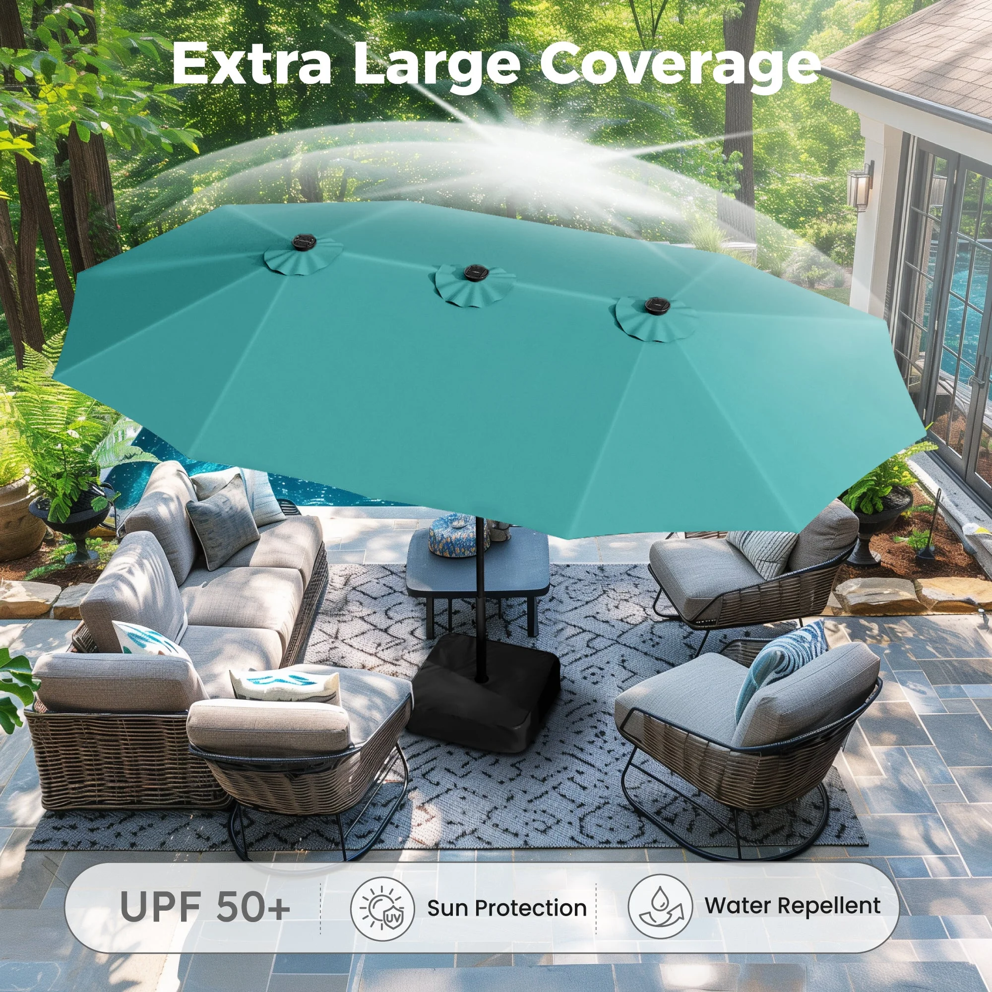 Alpha Joy 15ft Extra Large Outdoor Patio Double-Sided Umbrella with LED Solar Lights & Umbrella Base, Beige - Image 51