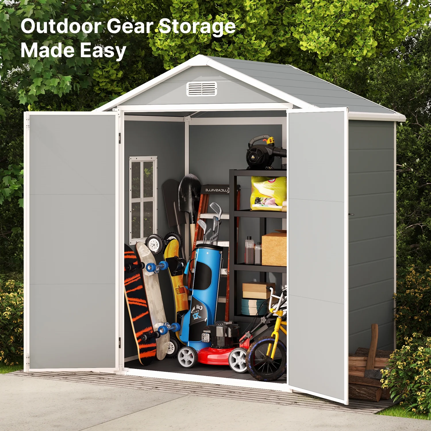 6x4 FT Resin Storage Shed, Lofka Plastic Outdoor Shed with Heavy Duty Floors, 135.6 cu ft, Colorfast, Side Window, Double Lockable Doors for Garden Backyard