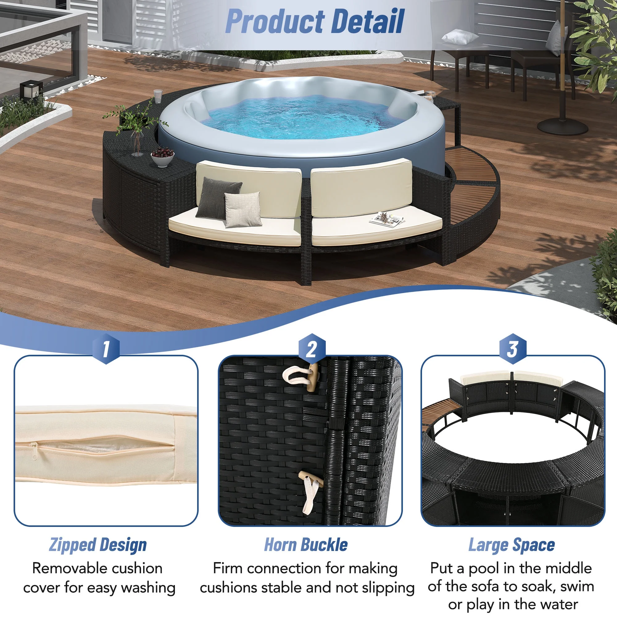 Round Hot Tub Surround Furniture, Spa Surround Outdoor Rattan Sectional Sofa Set with Mini Sofa, Solid Acacia Wood Hot Tub Storage Surround Patio Furniture Set, Gray Cushion - Image 24