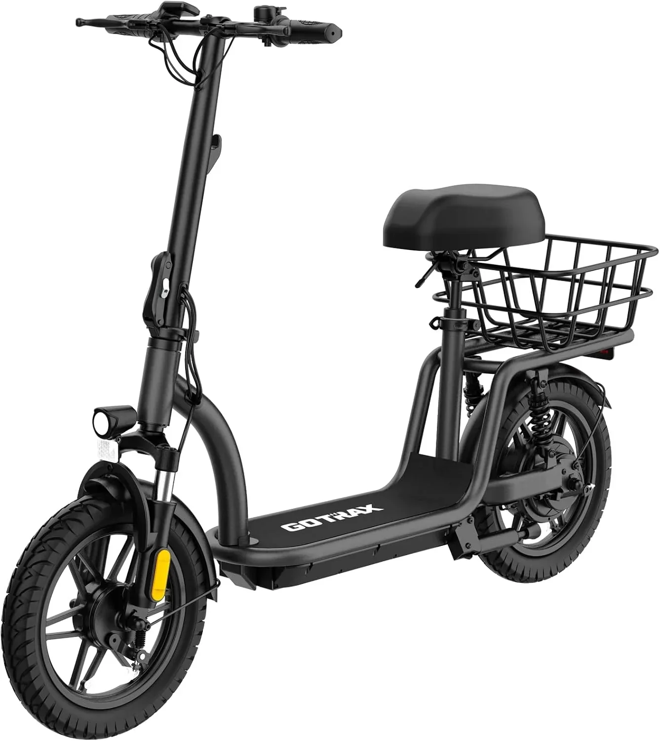 Gotrax adult electric scooter with seat maximum range of 19-25 miles all-terrain tires wide pedals