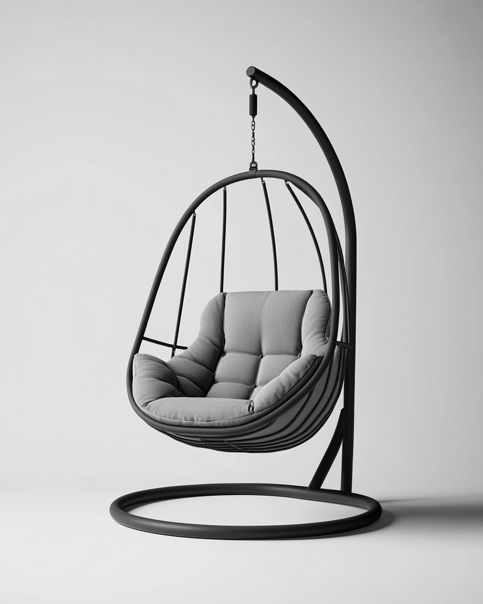 Silla colgante moderna con estructura metálica – cojín gris – diseño minimalista – adecuada para interior y exterior
