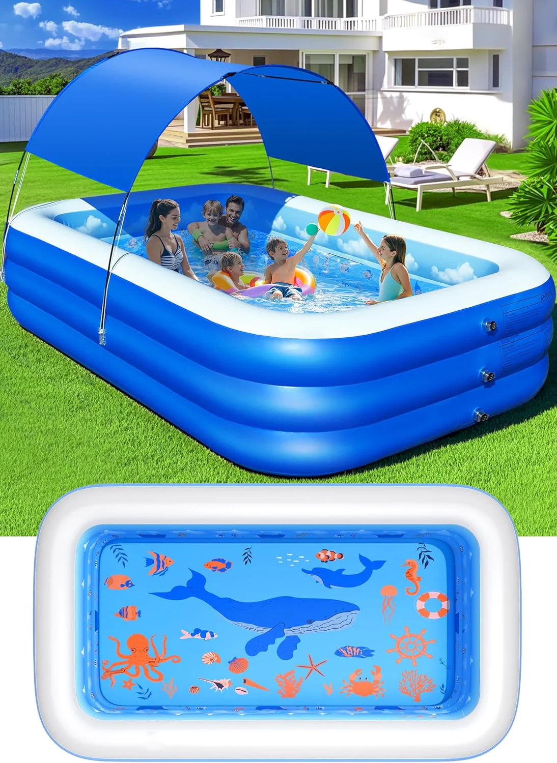 Inflatable Pool with Canopy,Upgraded Inflatable Swimming Pool for Kids,Adult,Large Inflatable Blow up Pools,Ocean Theme Oversized Thickened 105"x75"x25"Inflatable Family Pools for Backyard-Blue