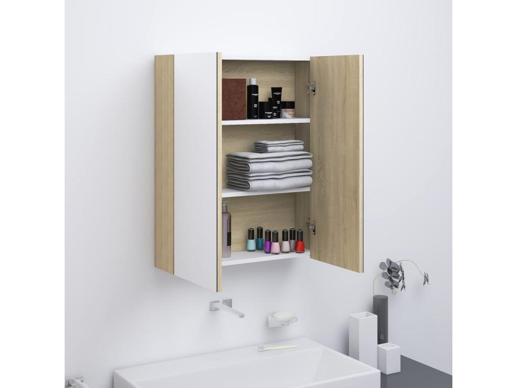 Armario de espejo de baño MDF blanco y roble 60x15x75 cm