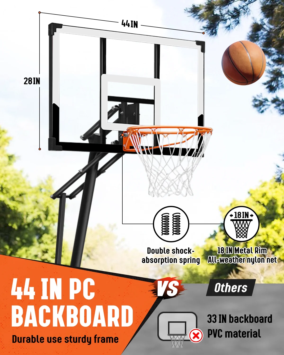 Seray Basketball Hoop with 4.8-10 feet Height Adjustable for Kids/Adults, Portable Basketball Goal with 44 inch Backboard and 2 Wheels for Outdoor/Indoor Sports - Image 6