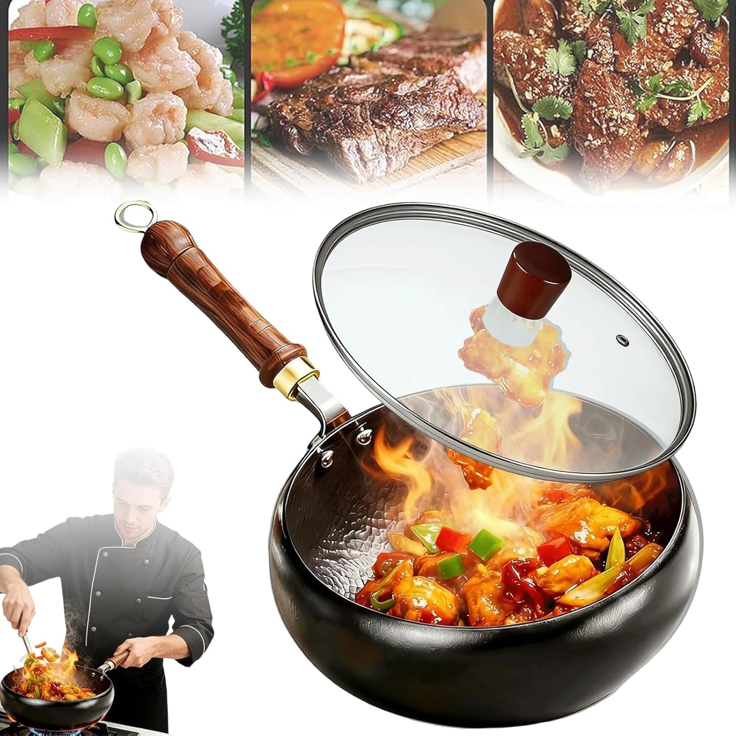Uncoated Thick Iron Pot, Hand-Forged Japanese Cast Iron Pan with Lid, Non-Stick After Seasoning, Versatile Deep Wok for Frying & Searing, Induction Compatible Cookware (Glass cover,11in)