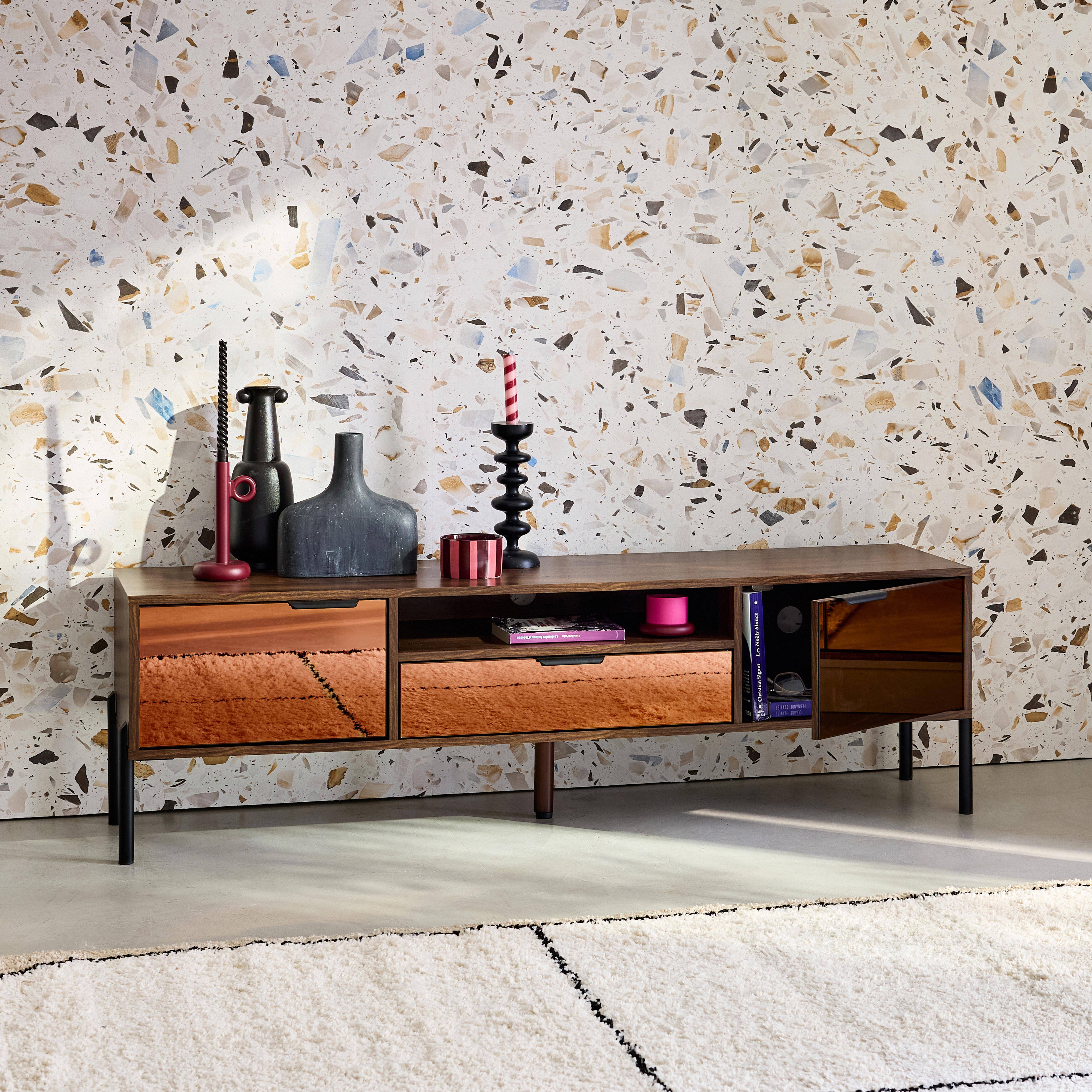 Glassy - Mueble TV vintage efecto madera de nogal 151,5cm