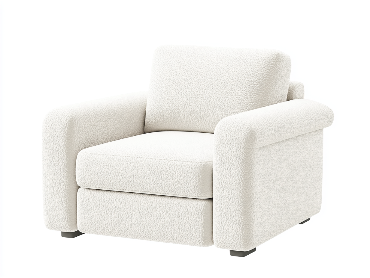 Sillón blanco de tela bouclé con estructura cómoda y moderna, ideal para sala de estar o oficina