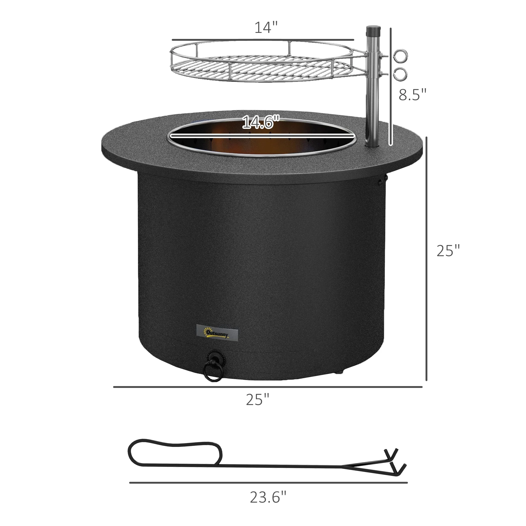 Outsunny 25" Smokeless Fire Pit, 2-in-1 Stainless Steel Firepit with Grill, Portable Wood Burning Fireplace with Poker and Ash Tray, Black - Image 7