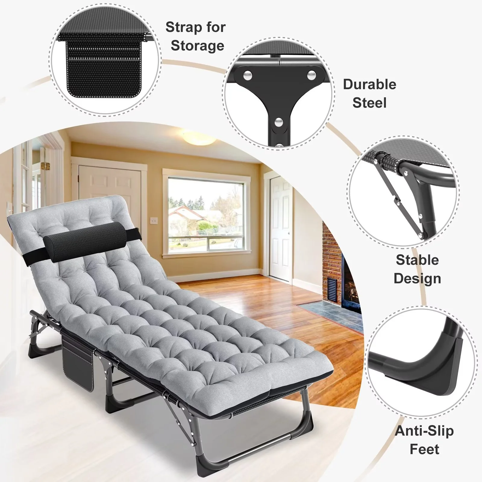 MOPHOTO Lounge Chair with Mattress, Outdoor Chaise Lounge Support 440 Lbs, Adjustable Portable Heavy Duty Sleeping Cots Bed for Camping, Pool, Beach, Patio - Image 19