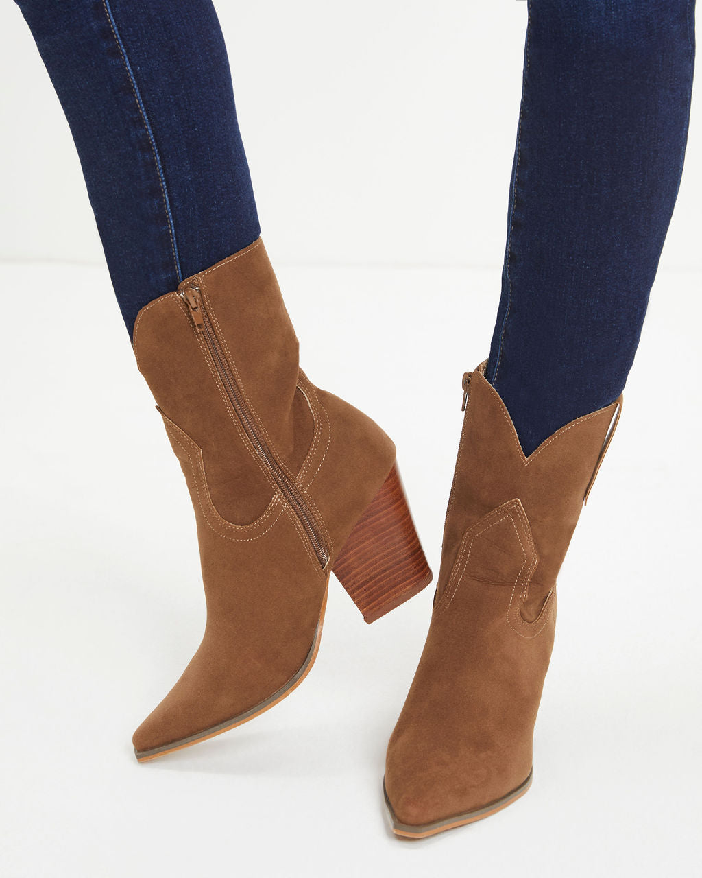 Clare Faux Suede Heeled Western Boot - Coffee - Se7enfashion
