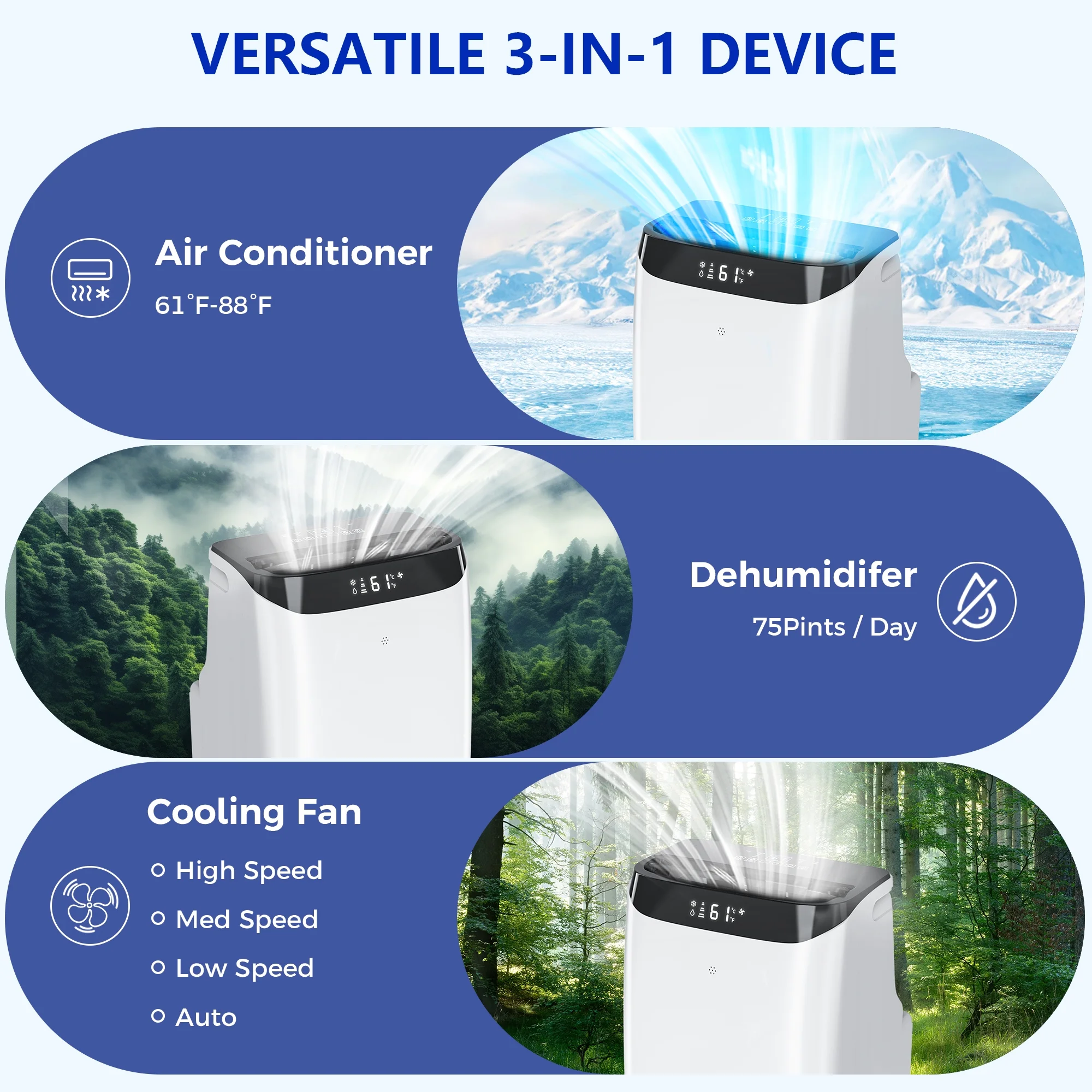 Fosawd 12000 BTU Portable Air Conditioner Cools up to 500 Sq. ft, 3-in-1 AC, Dehumidifier, Fan - Image 3