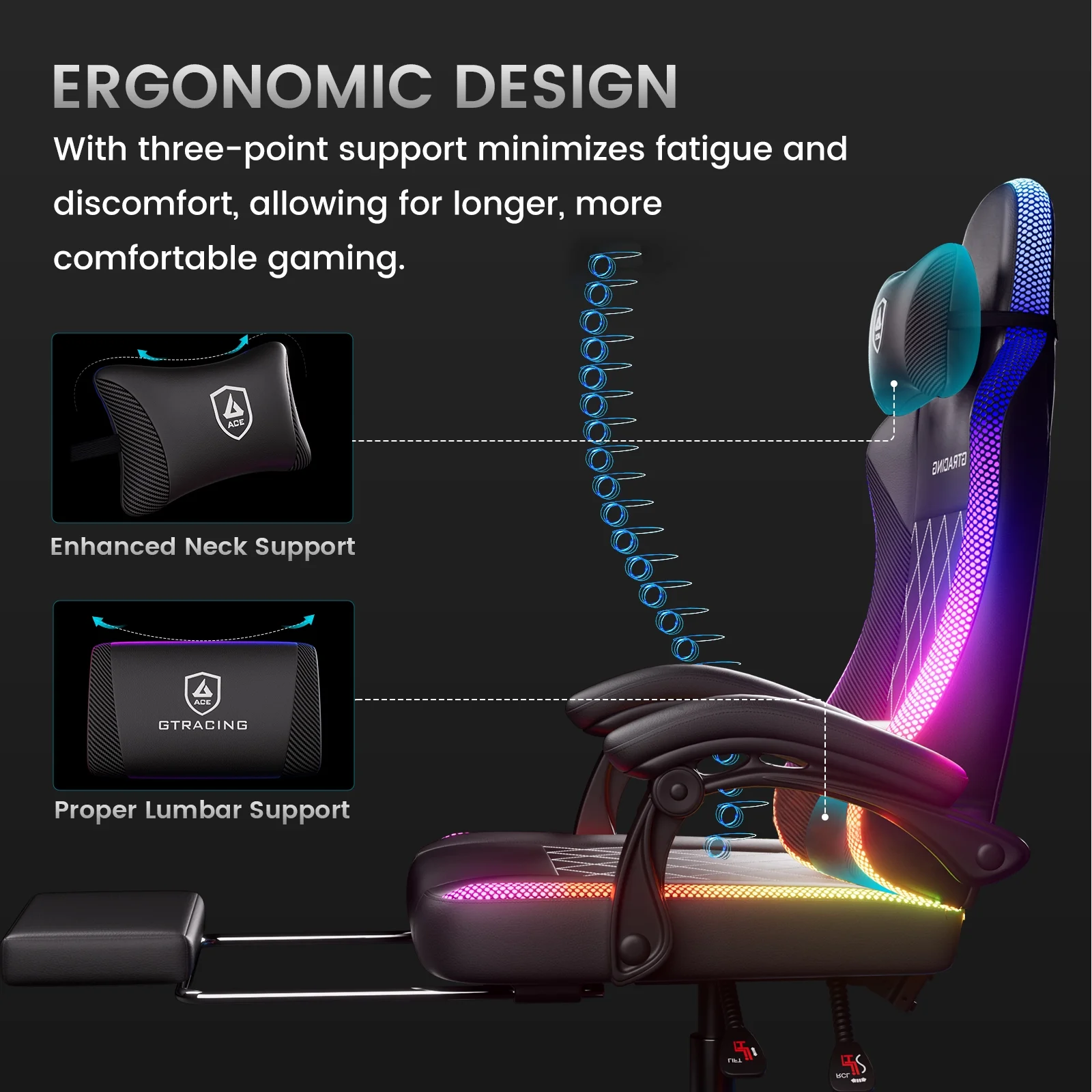 GTRACING RGB Ergonomic Gaming Chair with Massage, LED Lights, Footrest, Lumbar Support and Backrest, Black - Image 9