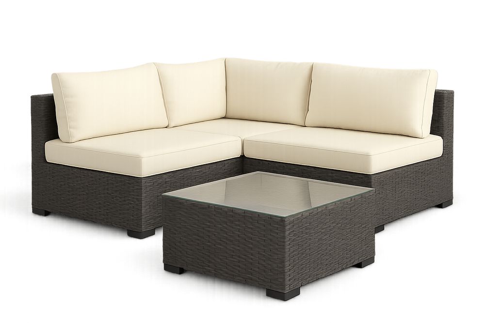 Conjunto de muebles de jardín marrón con sofá esquinero y mesa con vidrio templado, cojines beige y fácil mantenimiento