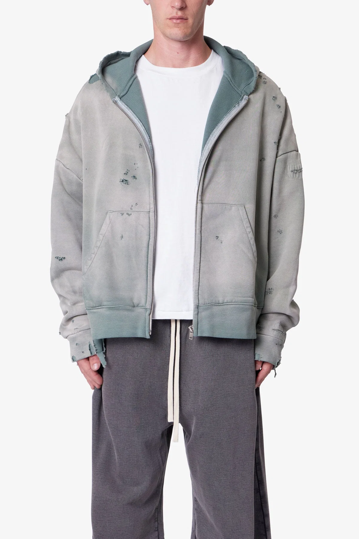 Distressed Thermal Lined Hoodie - Green