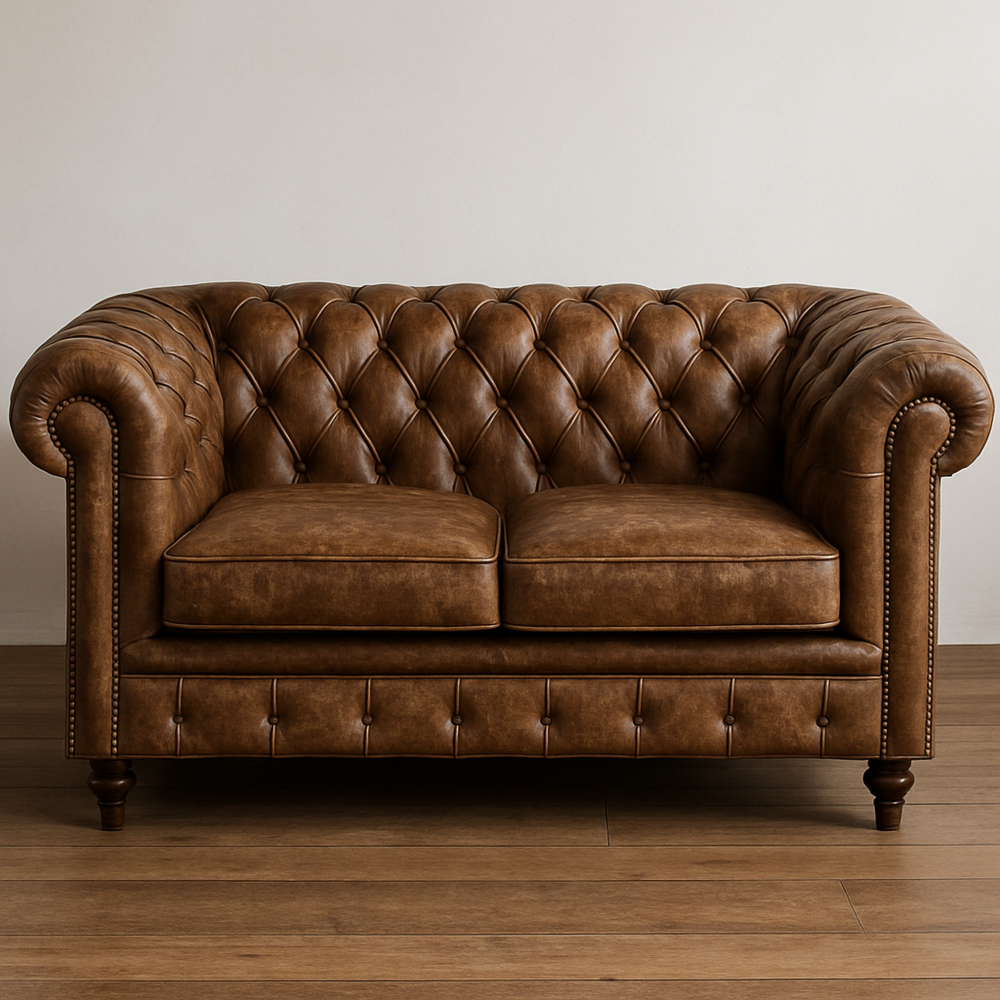 Sofá Clásico Chesterfield de 2 Plazas en Cuero PU Marrón con Patas de Madera Maciza, 170 x 90 x 75 cm