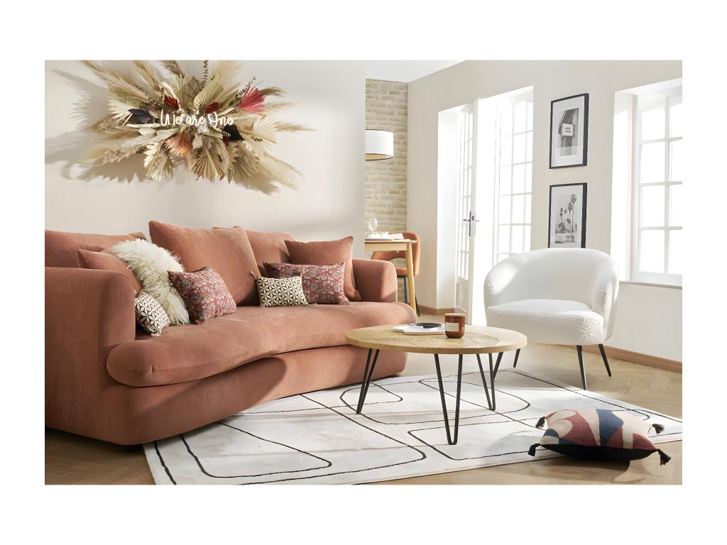 Sillón moderno de tela efecto borreguillo color crudo y metal negro Cozetiq