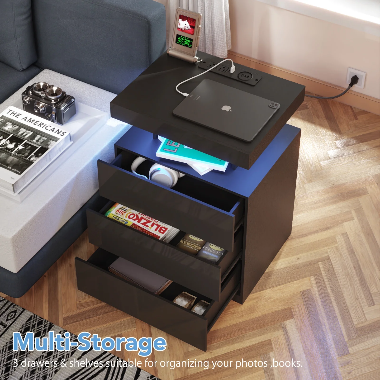 Hommpa LED Nightstand Wireless Charging Station USB Type C Outlets Bedside Table 3 Drawers Black Night Table Modern Smart Nightstand High Gloss End Side Table for Bedroom Furniture 26.8" Tall - Image 13