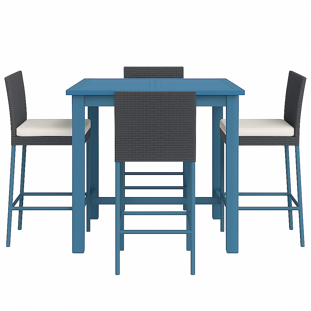 Barra de jardín, conjunto de mesa alta, mesa cuadrada y 4 sillas con cojines, azul y negro