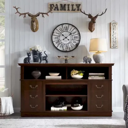 60-Inch Retro TV Stand Entertainment Center with 2 Cabinets and Open Shelves - Dimensions: 60W x 15.75D x 34.25H