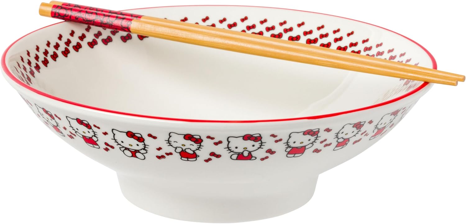 Silver Buffalo Sanrio Hello Kitty Face with Different Color Bows Pattern Ceramic Ramen Noodle Rice Bowl with Chopsticks, Microwave Safe, 20 Ounces
